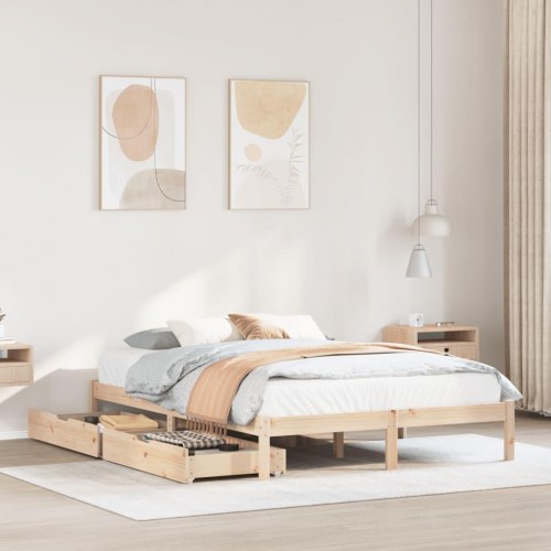 Sengeramme med skuffer 135x190 cm - massivt fyrretræ, hvid