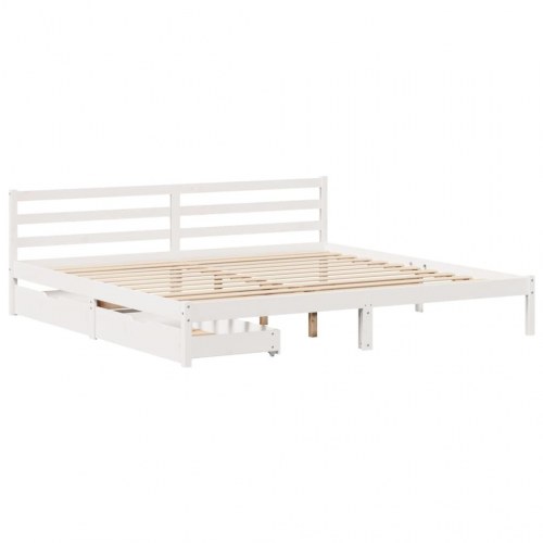 Sengeramme med 2 skuffer og lamelbund 200 x 200 cm - hvid