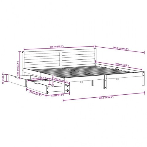 Sengeramme med 2 skuffer og lamelbund 200 x 200 cm - hvid