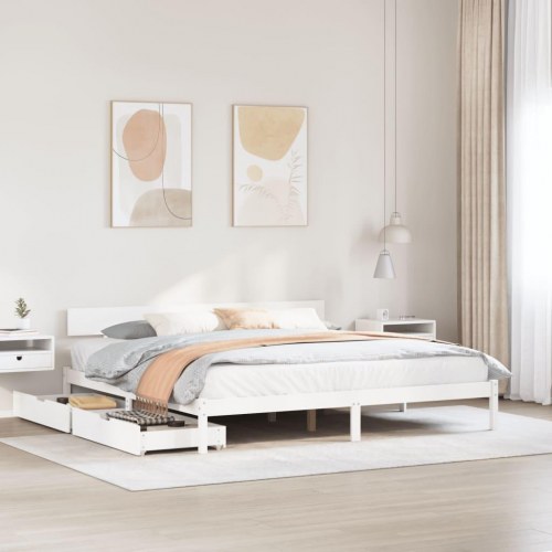 Sengeramme i massivt fyrretræ 180 x 200 cm med 2 skuffer - hvid