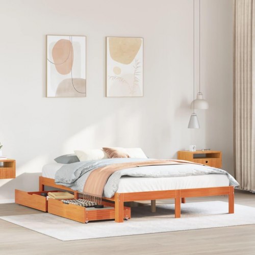 Sengeramme med skuffer 135×190 cm - massivt fyrretræ, gyldenbrun