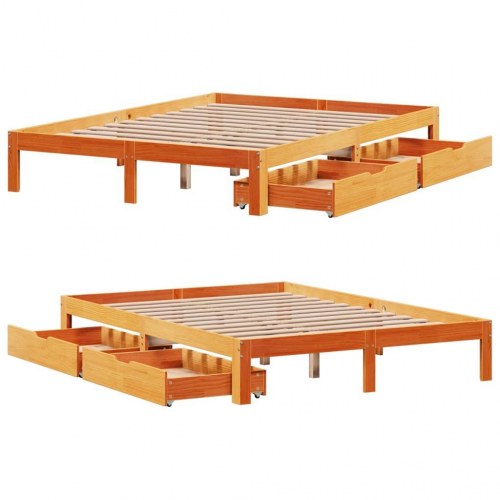 Sengeramme med skuffer 135×190 cm - massivt fyrretræ, gyldenbrun