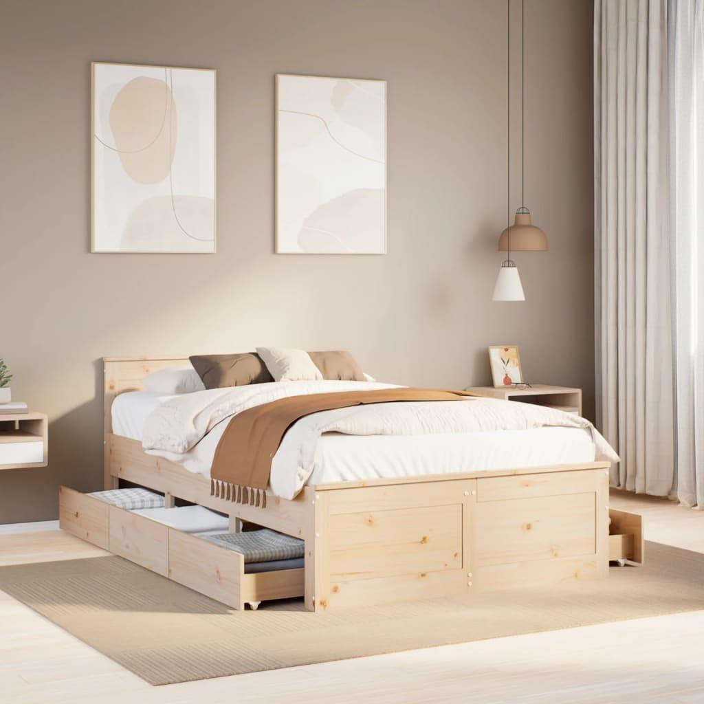 Sengeramme med sengegavl 135x190 cm uden madras - massivt fyrretræ med skuffer