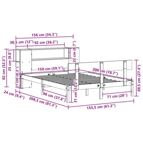 Seng med reol uden madras 150x200 cm massivt fyrretræ