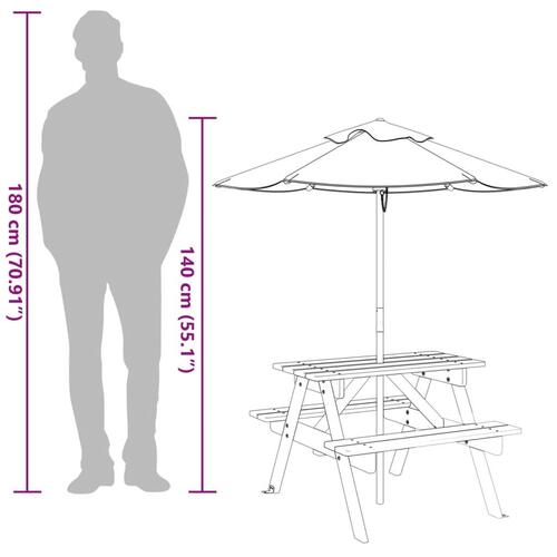 Picnicbord til 4 børn m. parasol massivt grantræ