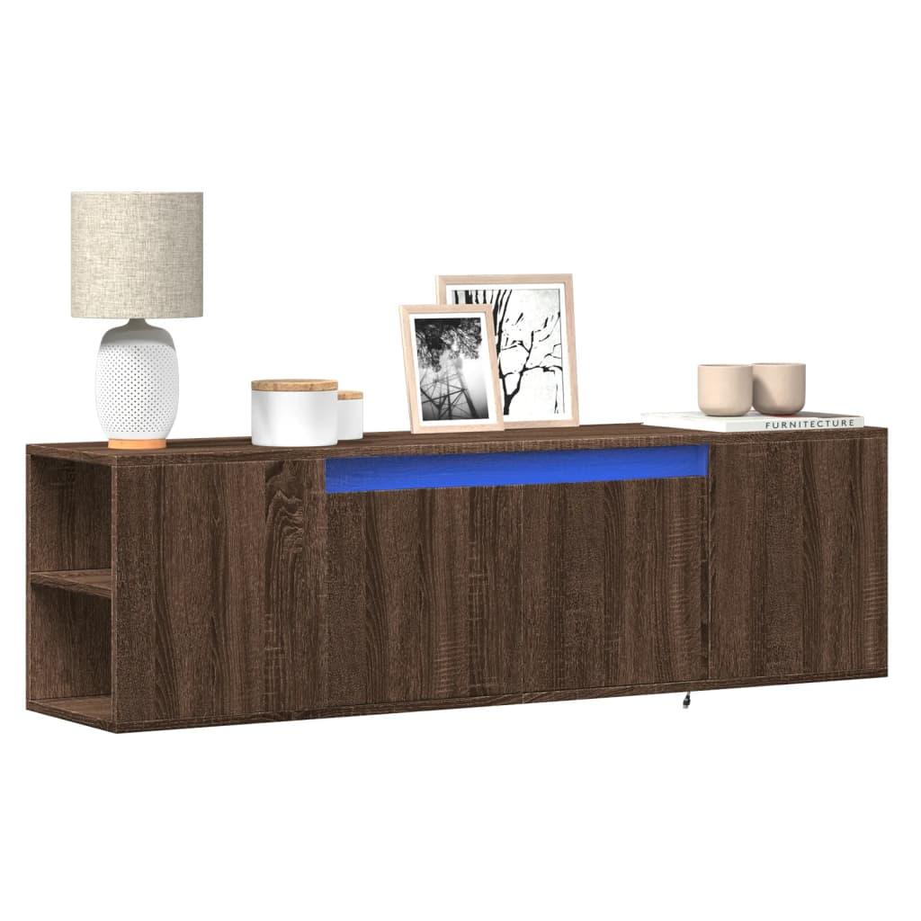 Væghængt tv-bord med LED-lys 135x31x39,5 cm brun egetræsfarve