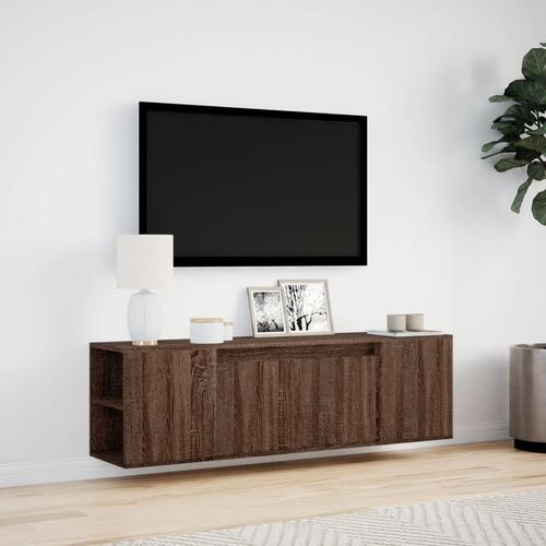 Væghængt tv-bord med LED-lys 135x31x39,5 cm brun egetræsfarve