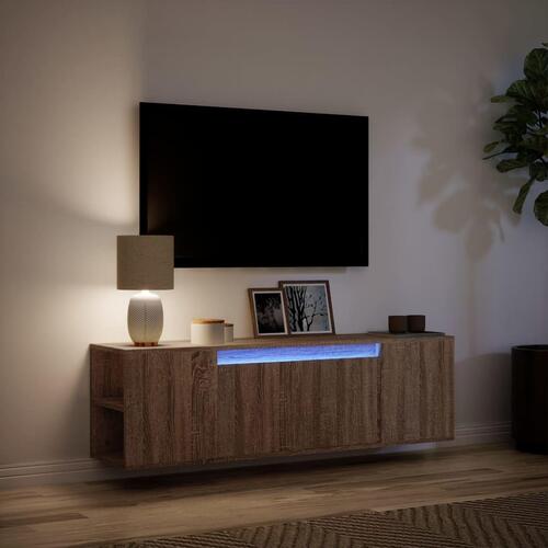 Væghængt tv-bord med LED-lys 135x31x39,5 cm brun egetræsfarve