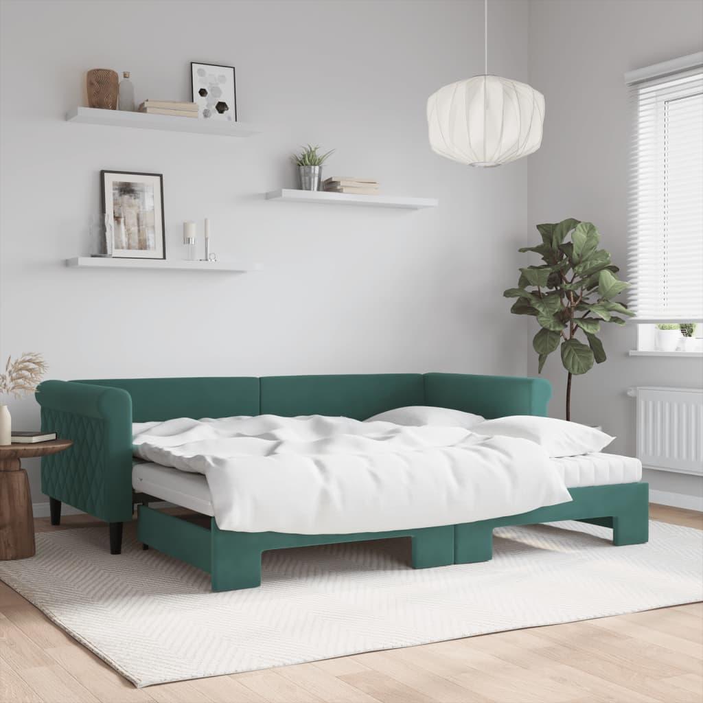 Daybed med udtræk og madrasser 90x200 cm i velour - mørkegrøn