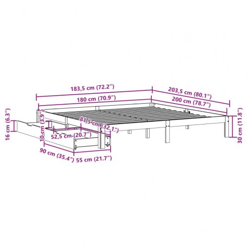 Sengeramme med 2 skuffer 180 x 200 cm - hvid