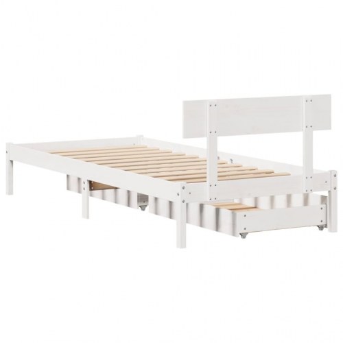 Sengeramme med 2 skuffer uden madras 75 x 190 cm i massivt fyrretræ - hvid