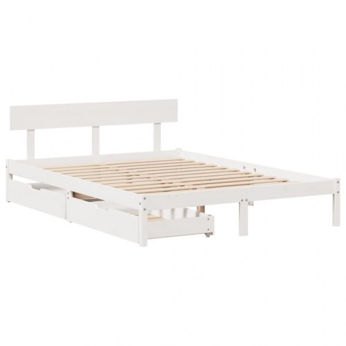 Sengeramme 150 x 200 cm med 2 skuffer i massivt fyrretræ - hvid