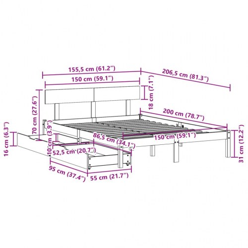 Sengeramme 150 x 200 cm med 2 skuffer i massivt fyrretræ - hvid