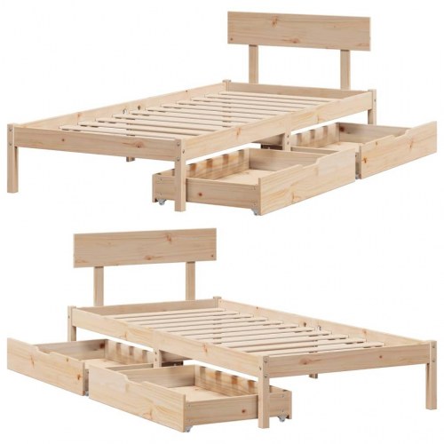 Sengeramme 90x200 cm i massivt fyrretræ med 2 skuffer