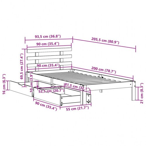 Sengeramme med 2 skuffer 90 x 200 cm massivt fyrretræ - hvid