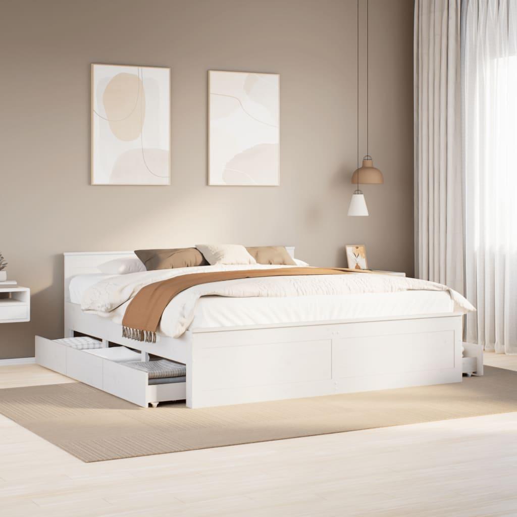 Sengeramme med sengegavl 180x200 cm - massivt fyr, hvid, med skuffer