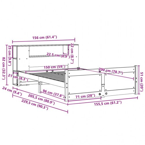 Seng med reol uden madras 150x200 cm massivt fyrretræ
