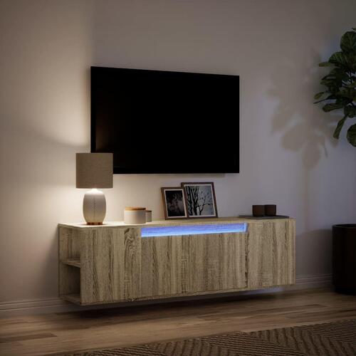 Væghængt tv-bord med LED-lys 135x31x39,5 cm sonoma-eg