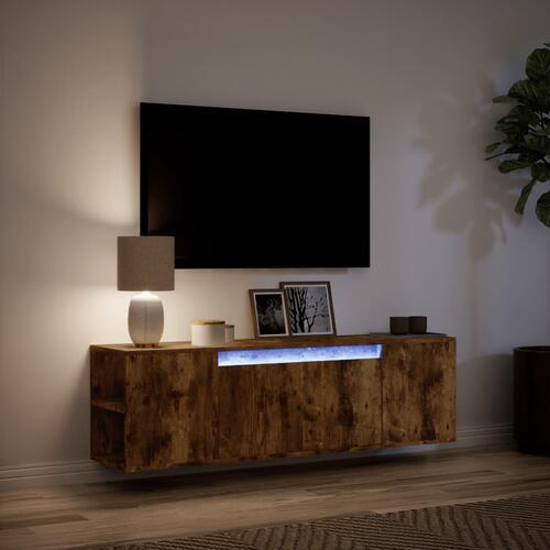 Væghængt tv-bord med LED-lys 135x31x39,5 cm røget egetræsfarve