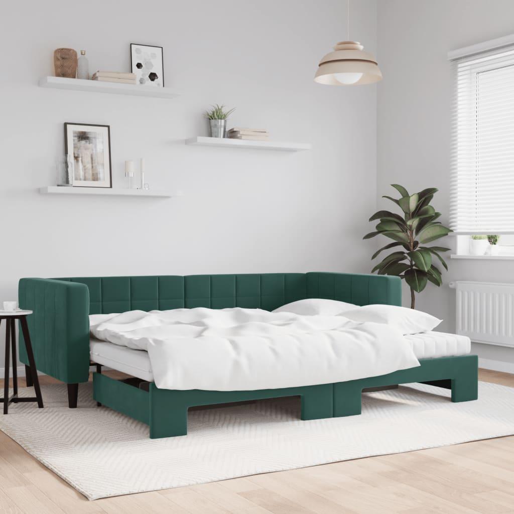Daybed med udtræk og madras 90x200 cm velour mørkegrøn billede