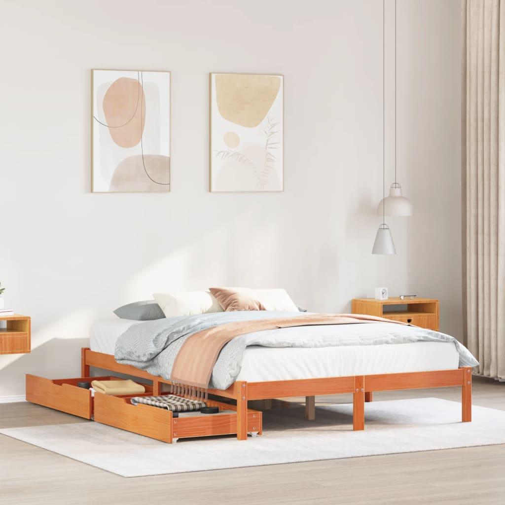 Sengeramme med skuffer 135x190 cm - massivt fyrretræ, brun