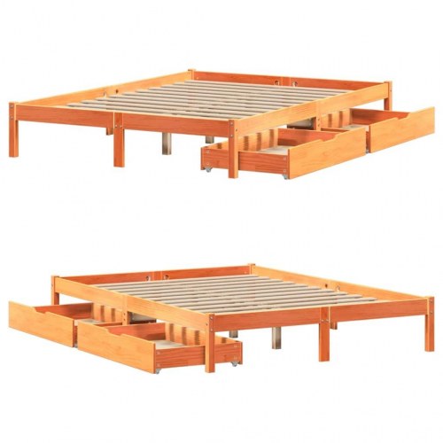 Sengeramme 140 x 200 cm i massivt fyrretræ med 2 skuffer - gyldenbrun