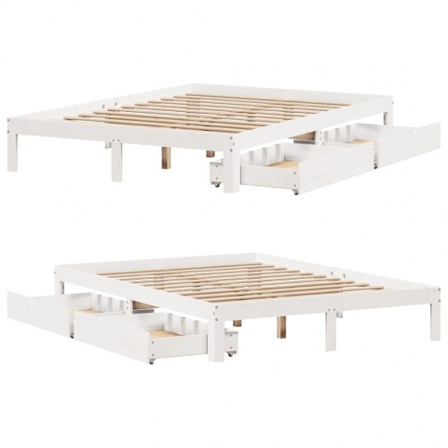 Sengeramme med skuffer 135x190 cm - massivt fyrretræ, hvid