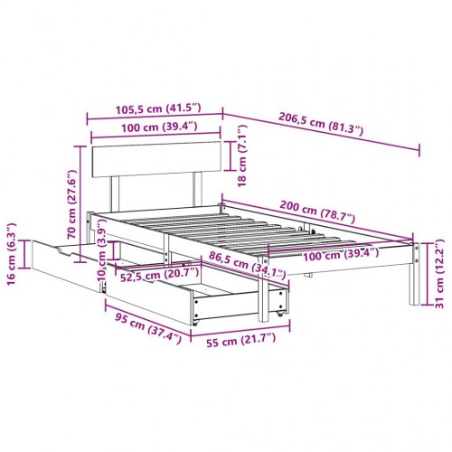 Sengeramme 100 x 200 cm med 2 skuffer - hvid