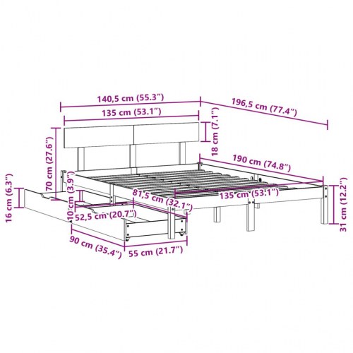 Sengeramme med 2 skuffer 135 x 190 cm i massivt fyrretræ - hvid