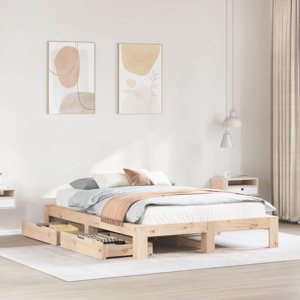 Sengeramme med skuffer 140x190 cm - massivt fyrretræ