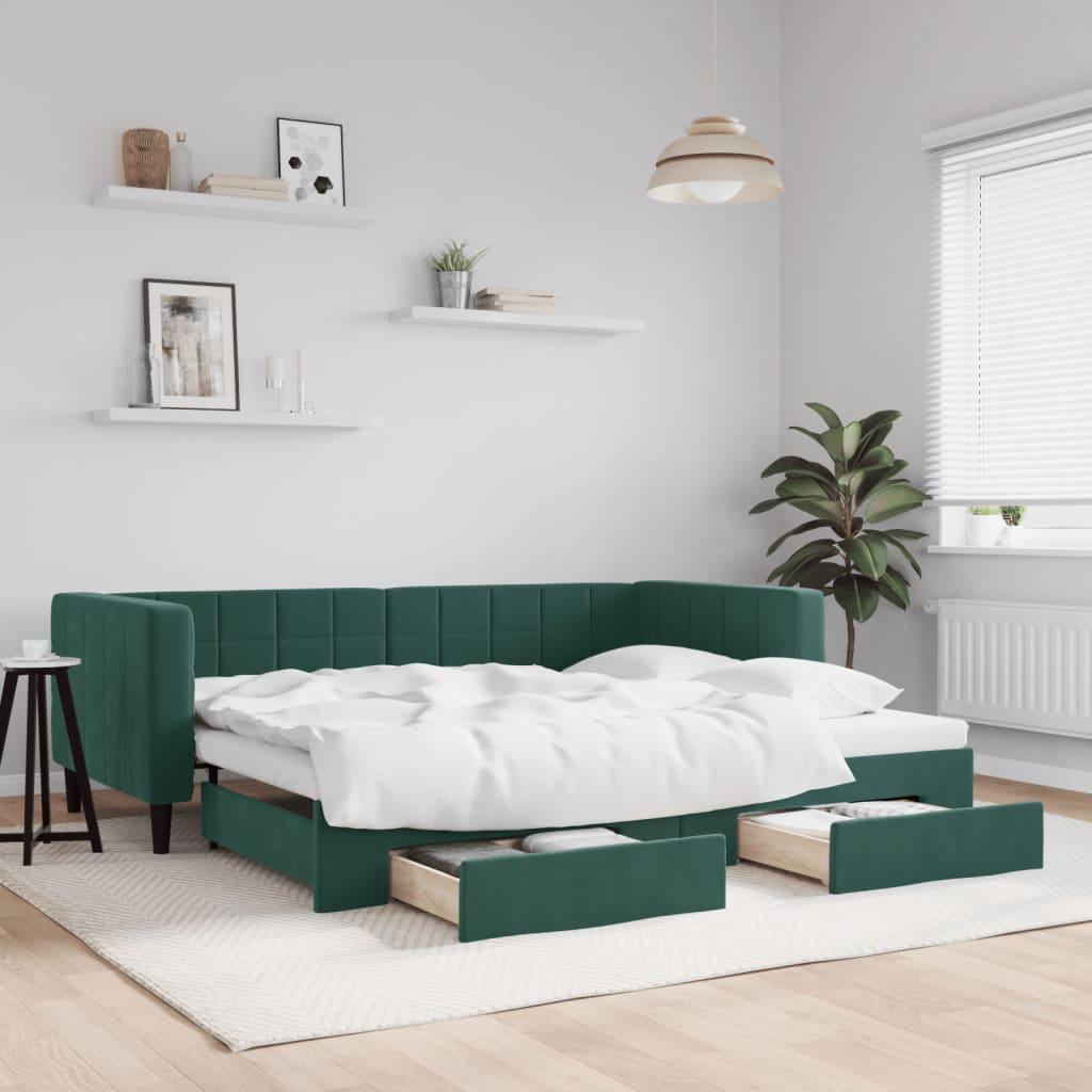 Daybed Velour Mørkegrøn - med udtræk og skuffe / 80 x 200 cm