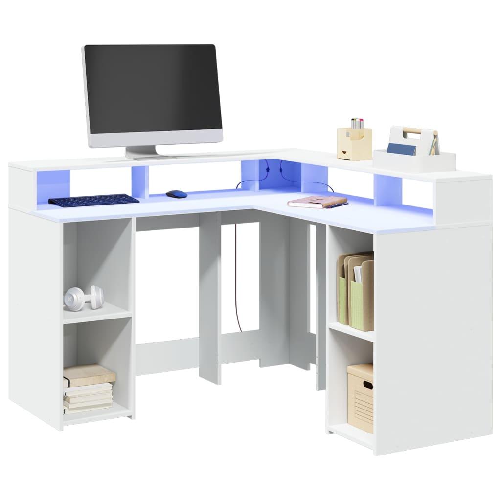 Skrivebord Med Led Lys 130x130x91 Cm Konstrueret Træ Hvid