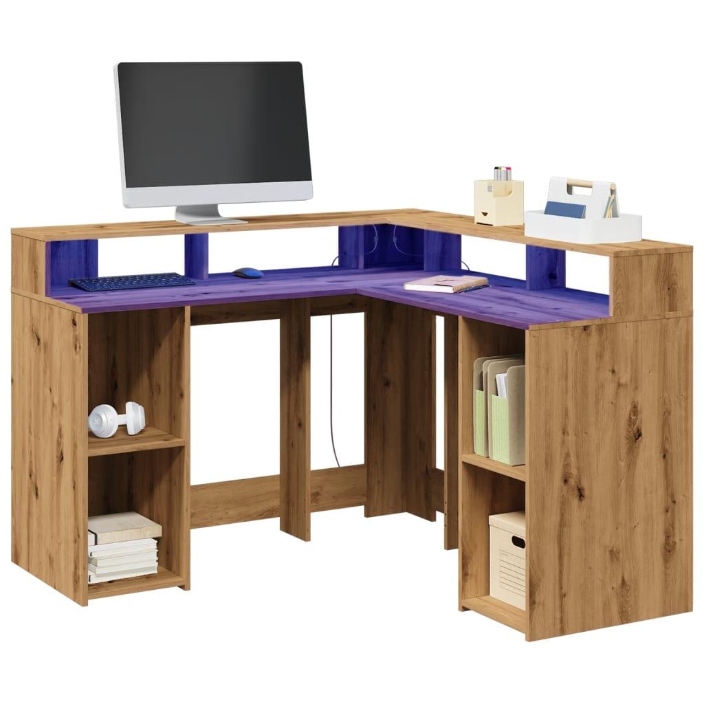 Skrivebord Med Led Lys 130x130x91 Cm Konstrueret Træ Gammelt Eg