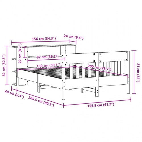 Seng med reol uden madras 150x200 cm massivt fyrretræ