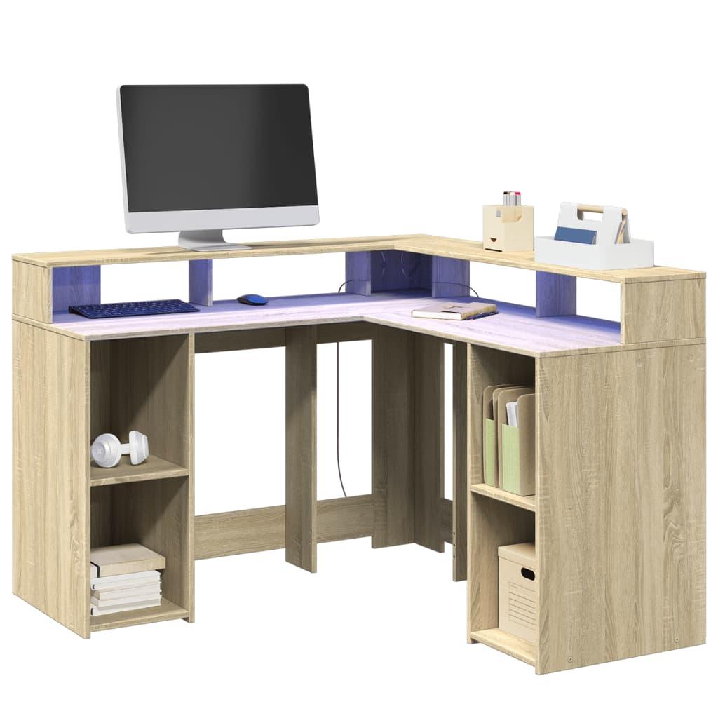 Skrivebord Med Led Lys 130x130x91 Cm Konstrueret Træ Sonoma Eg