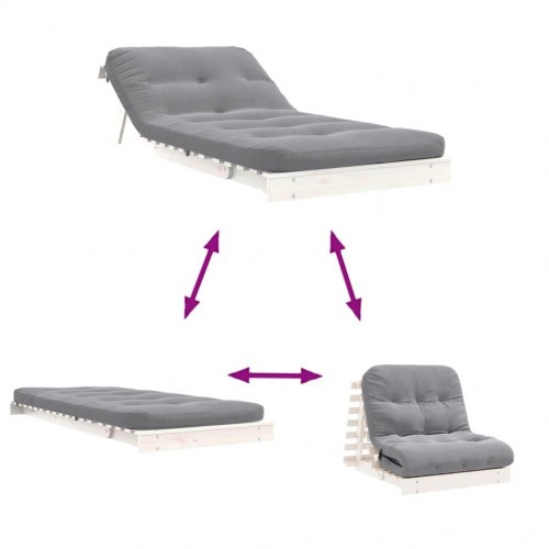 Futon med madras 90 x 206 x 11 cm i massivt fyrretræ - hvid/grå