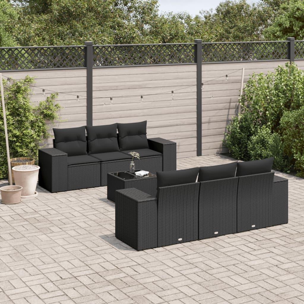 Sofasæt til haven i polyrattan - 7 dele med hynder, sort