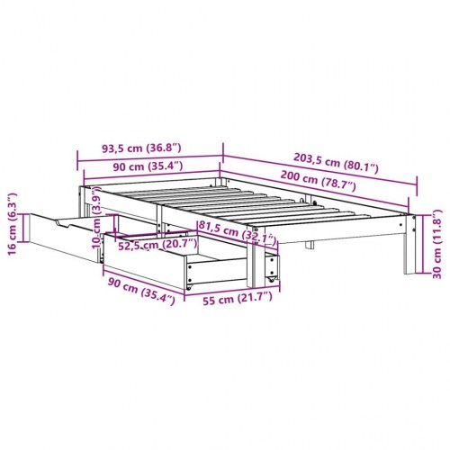 Sengeramme med skuffer 90x200 cm - massivt fyrretræ