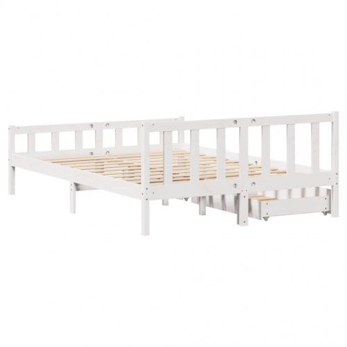 Sengeramme 150 x 200 cm med 2 skuffer i massivt fyrretræ - hvid