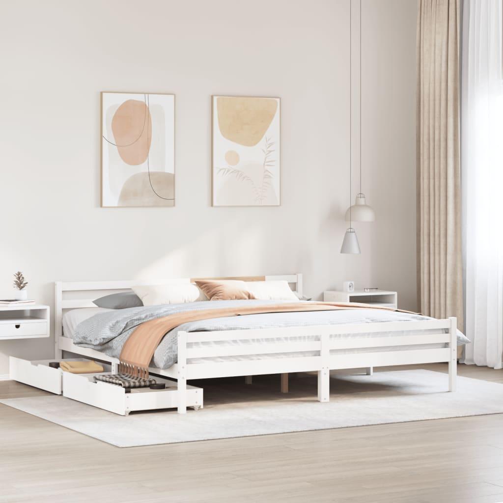 Sengeramme 200x200 cm i massivt fyrretræ - hvid, med skuffer og lamelbund