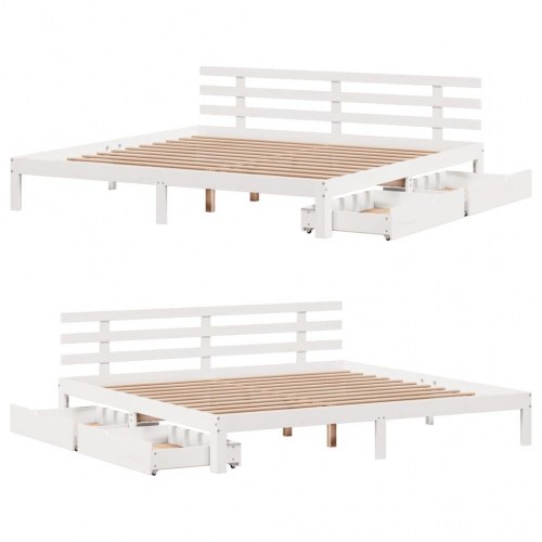 Sengeramme med 2 skuffer 200 x 200 cm i massivt fyrretræ - hvid
