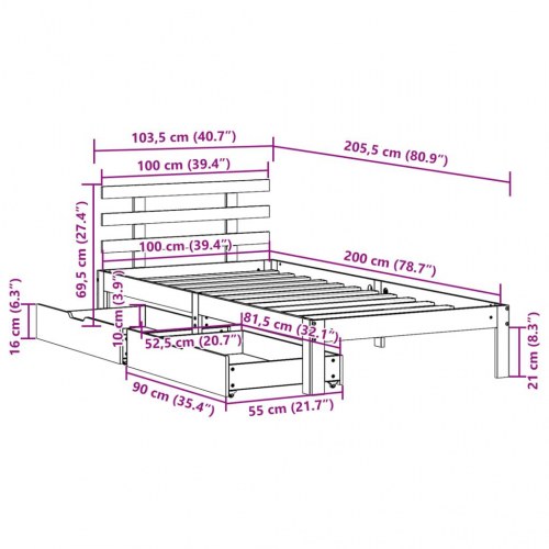 Sengeramme med skuffer 100x200 cm - massivt fyrretræ