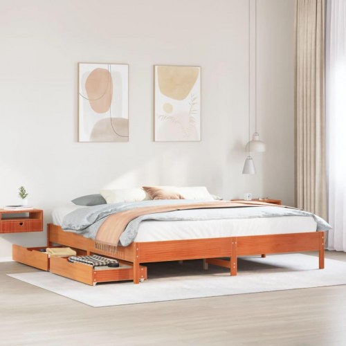 Sengeramme 180 x 200 cm med 2 skuffer i massivt fyrretræ - gyldenbrun