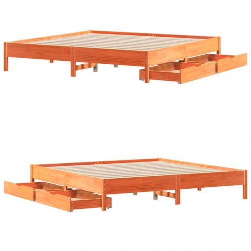 Sengeramme 180 x 200 cm med 2 skuffer i massivt fyrretræ - gyldenbrun