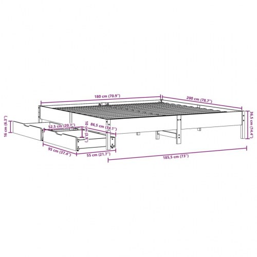 Sengeramme 180 x 200 cm med 2 skuffer i massivt fyrretræ - gyldenbrun