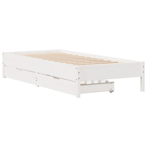 Sengeramme 100 x 200 cm i massivt fyrretræ med 2 skuffer - hvid