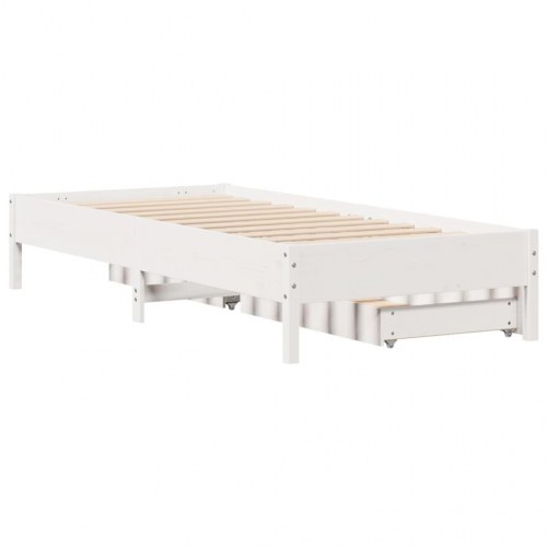 Sengeramme 100 x 200 cm i massivt fyrretræ med 2 skuffer - hvid