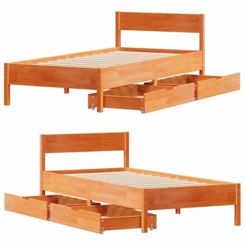 Sengeramme 90 x 200 cm med 2 skuffer - massivt fyrretræ, gyldenbrun