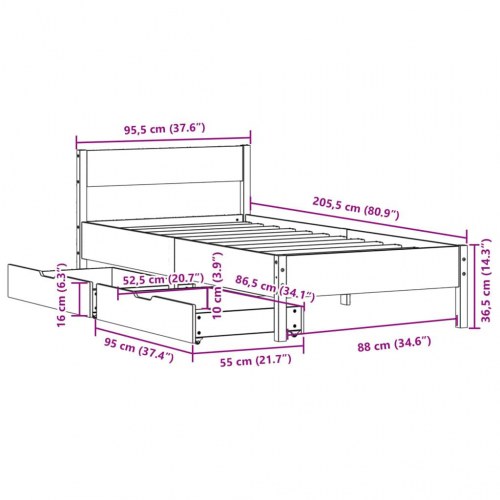 Sengeramme 90 x 200 cm med 2 skuffer - massivt fyrretræ, gyldenbrun