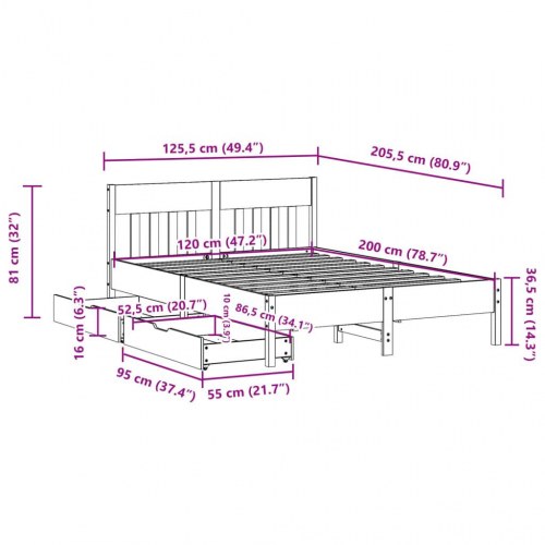 Sengeramme 120x200 cm med 2 skuffer i massivt fyrretræ - hvid